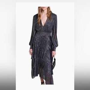 Maje Ruffinitya Metallic Tiered Ruffle Midi Dress